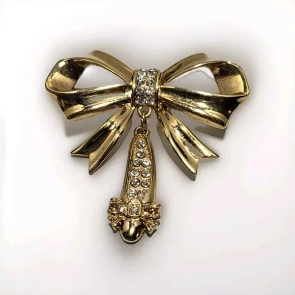 JJ Jonette Gold tone Ribbon Bow Rhinestone Ballet Slipper Vintage Signed Brooch - Picture 1 of 6